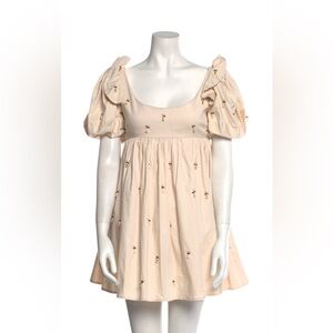 Agua by Agua Bendita Beige Mini Dress with Floral Embroidery